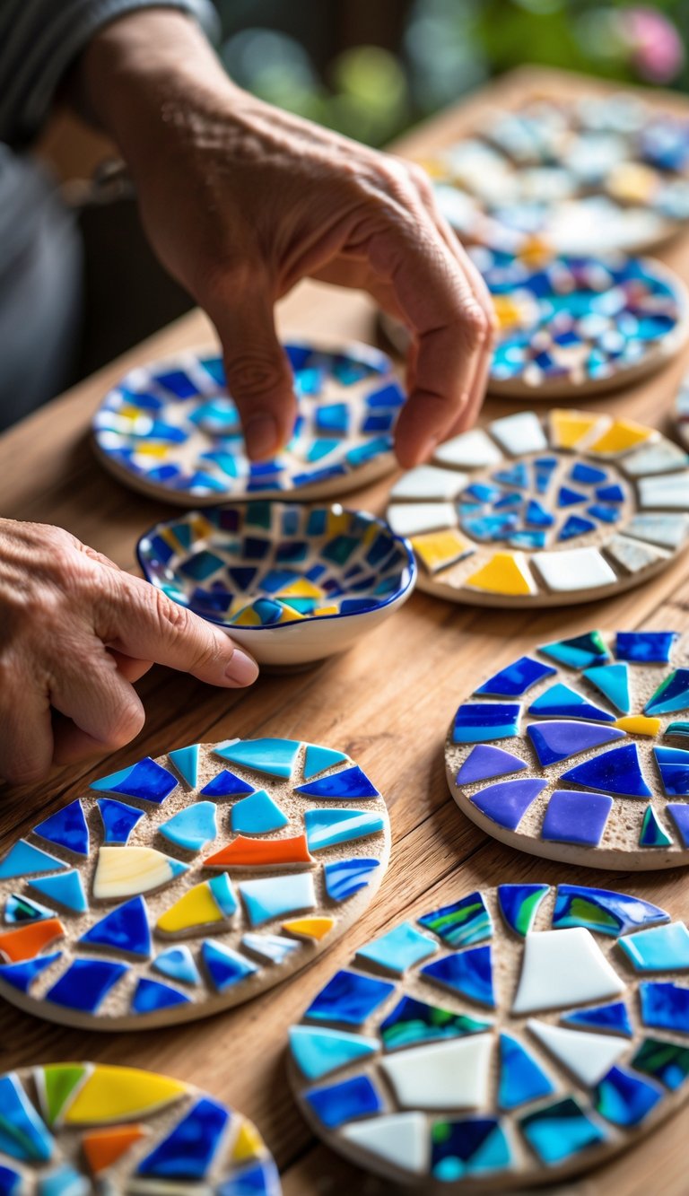Close-up of colorful mosaic trivets made from broken china pieces arranged on a wooden surface with hands adjusting one of the trivets.